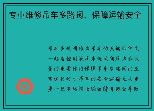 专业维修吊车多路阀，保障运输安全