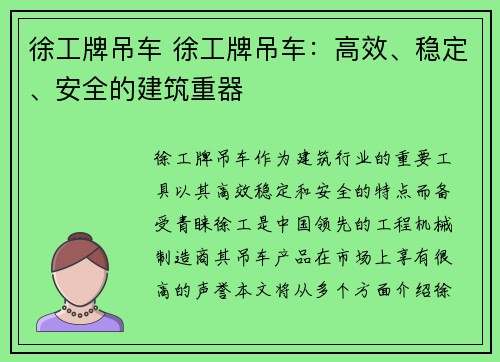 徐工牌吊车 徐工牌吊车：高效、稳定、安全的建筑重器