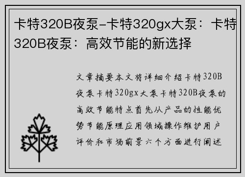 卡特320B夜泵-卡特320gx大泵：卡特320B夜泵：高效节能的新选择