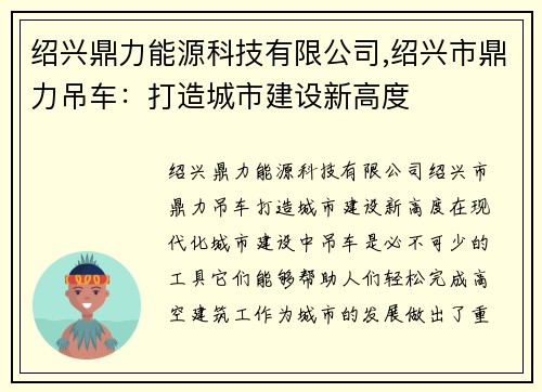 绍兴鼎力能源科技有限公司,绍兴市鼎力吊车：打造城市建设新高度